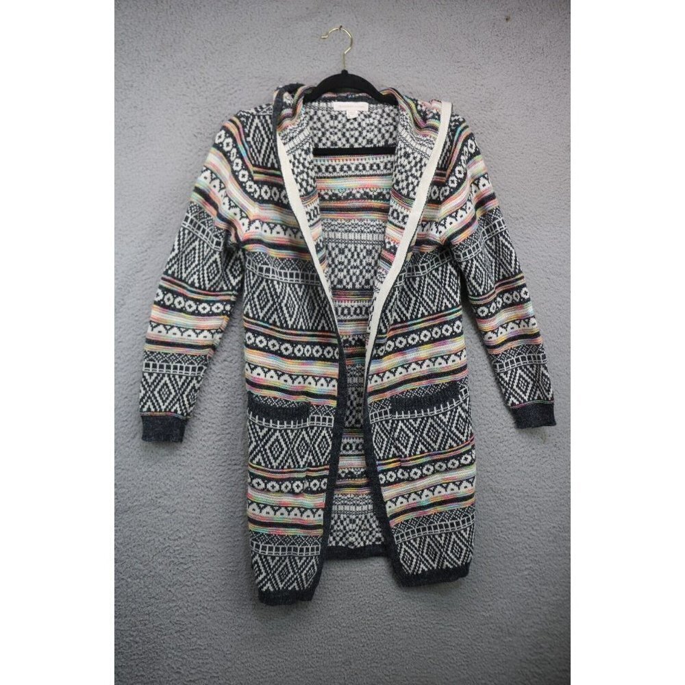 Monteau LA Aztec Long Hooded Open Cardigan-Size Small-Pockets
